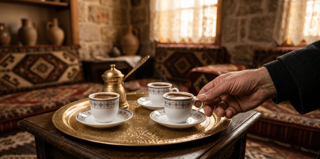 The coffee stays on the tray... until the guest takes it
