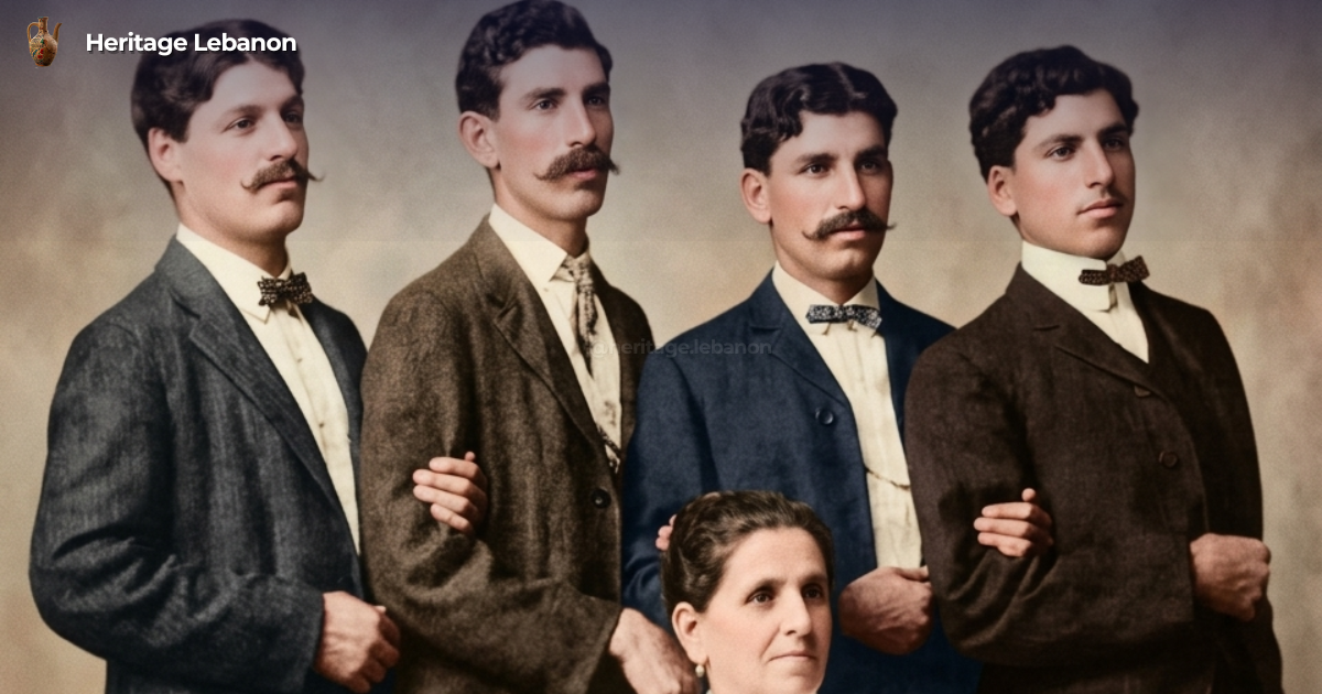 Commour Ellis and her sons after their immigration journey from Mount Lebanon to the United States. In 1892, Commour immigrated to New London, Connecticut, from Mount Lebanon, Syria, with her sons George and Michael. In 1901, she and her five sons moved to Meridian, Mississippi, where they joined her brother. They later moved again in 1908 to Port Gibson, Mississippi, where they opened a mercantile business on Main Street. Pictured here is Commour Ellis seated, with her sons from left to right: James, George, Michael, and Sam. John, another son, is not pictured.
restored by @heritage.lebanon