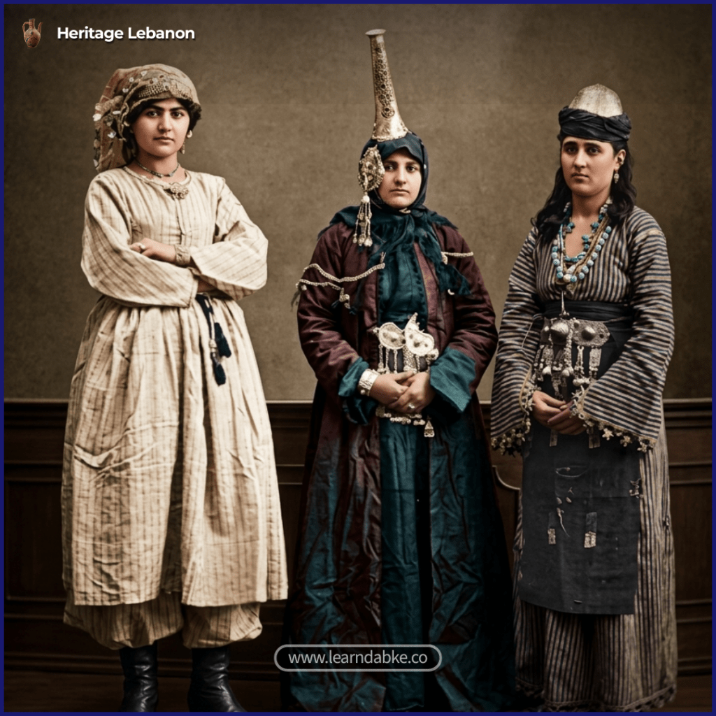 The Tantour on the Woman in the Center of the Image A rare glimpse of the tantour, the tall traditional headdress once worn by women in Mount Lebanon, carrying meanings of status, identity, and a world of Lebanese dress that has almost disappeared from memory. @heritage.lebanon | [www.learndabke.co](http://www.learndabke.co)